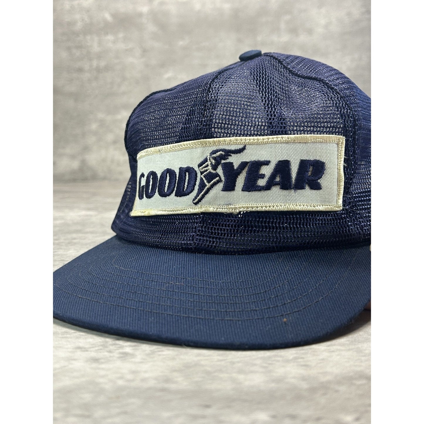 Vintage 80s Goodyear Embroidered Patch Mesh Snapback Hat OSFA Navy Blue