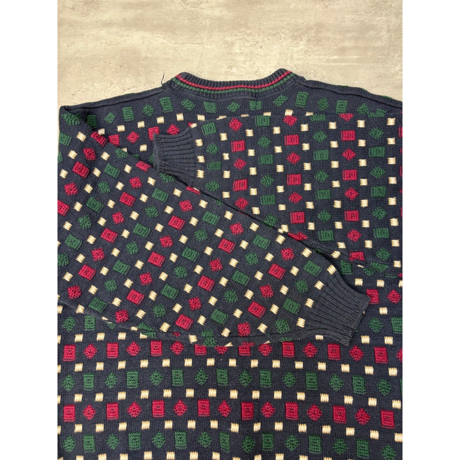 Vintage 90s Geometric Pattern Print Pullover Ribbed Knit Sweater Size Large