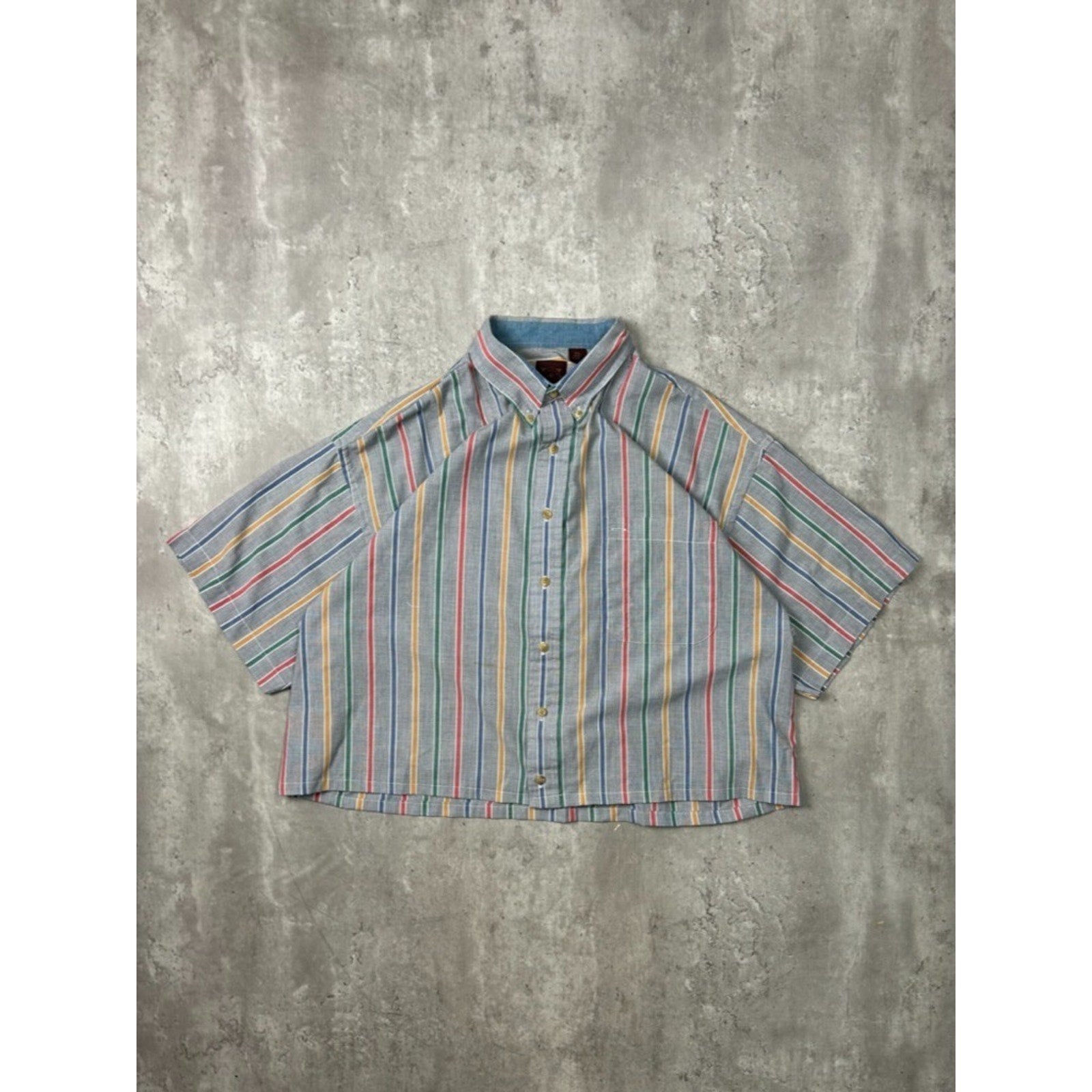 Vintage Haggar Striped Short Sleeve Reworked Cropped Button Up Shirt Size XL