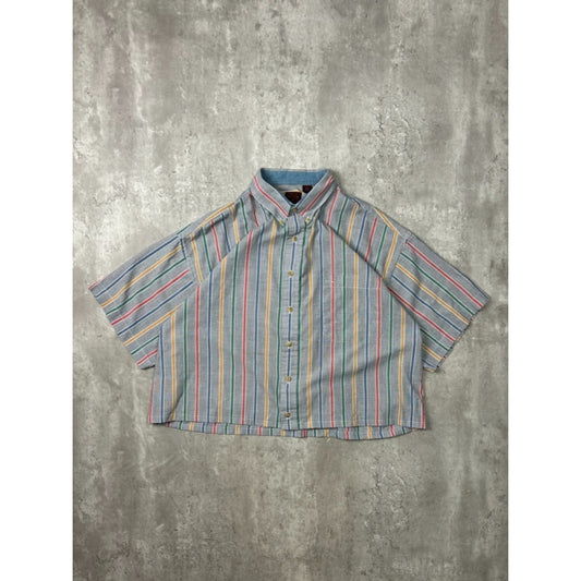 Vintage Haggar Striped Short Sleeve Reworked Cropped Button Up Shirt Size XL