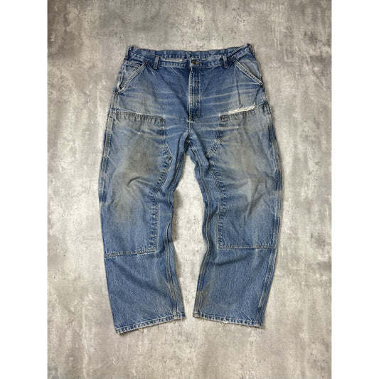 Vintage Carhartt Light Wash Denim Double Knee Carpenter Pants Size 40 Blue