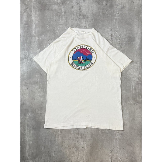Vintage 1985 Stanford Beach Club Graphic Crest Spellout T-Shirt Size Large White