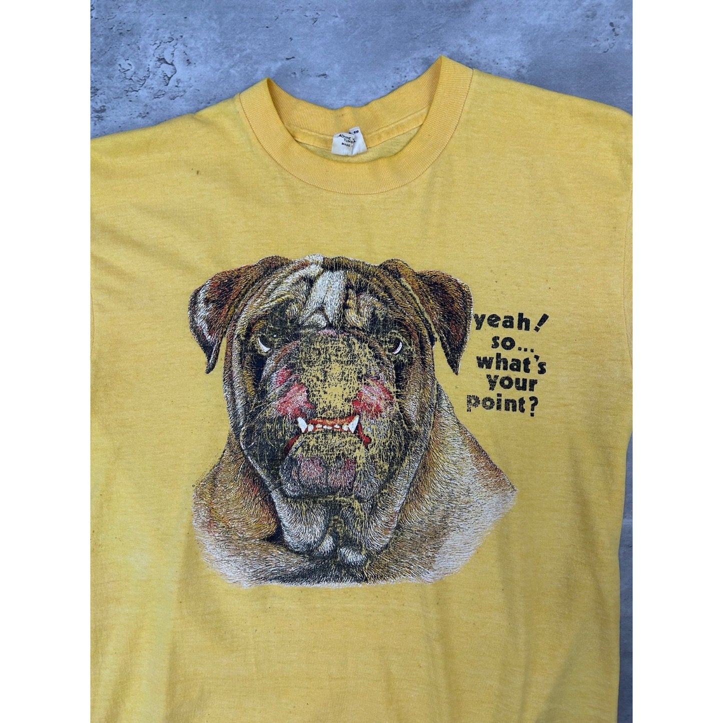 Vintage 80s/90s So What's Your Point Bulldog Graphic T-Shirt Size Medium Yellow