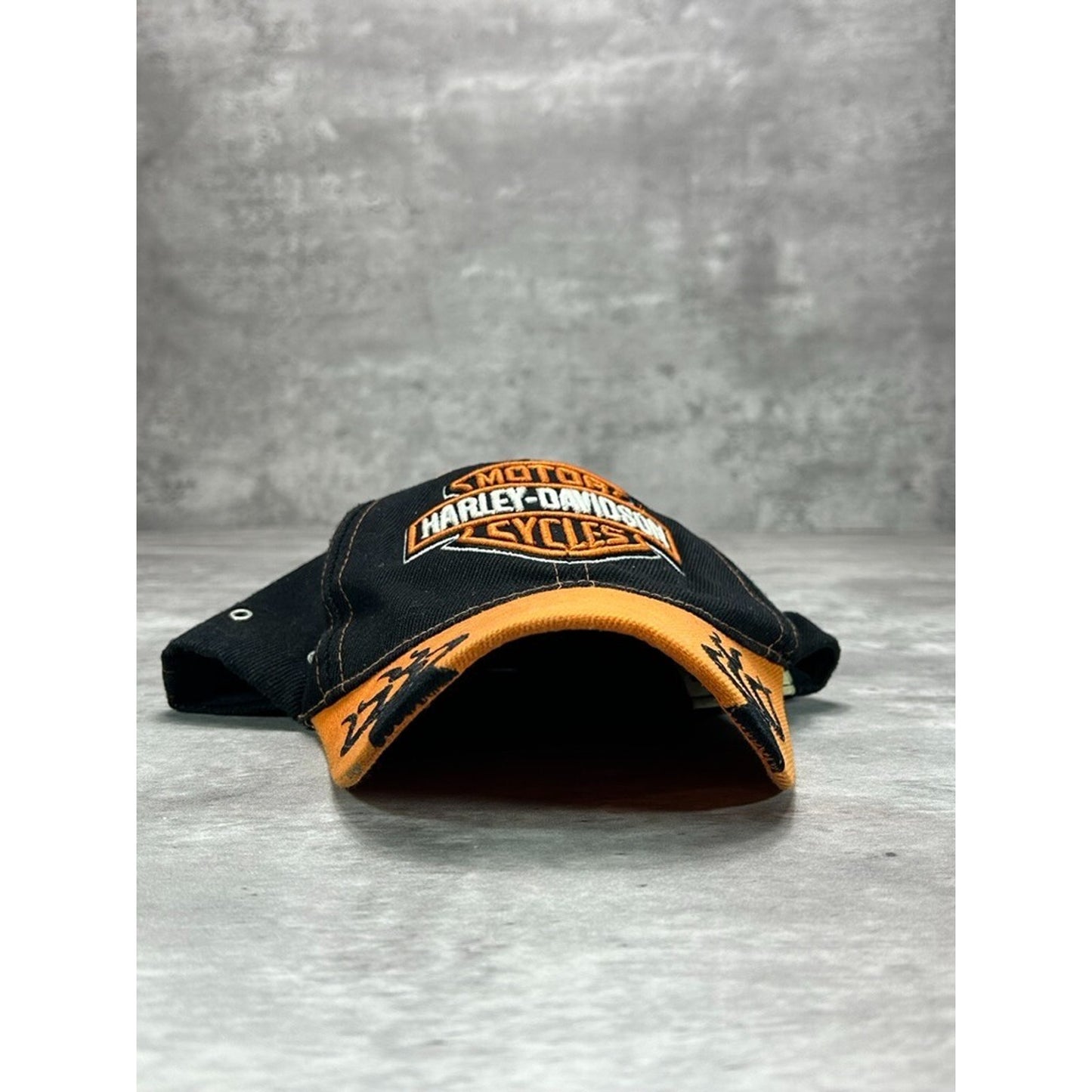 Vintage Harley Davidson Embroidered Logo Flame Brim Strapback Hat OSFA Black