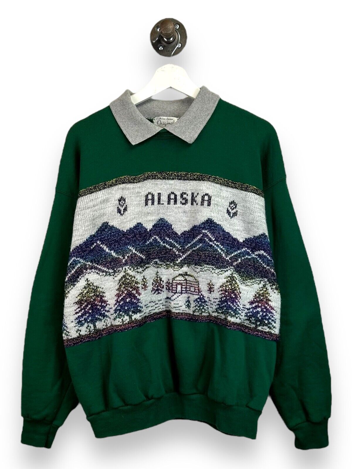 Vintage 90s Alaska Knit Print Destination Graphic Collared Sweatshirt Size Large