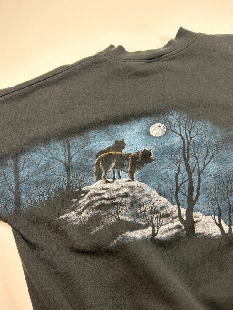 Vintage 90s Wolf Nature Forest AOP 1/4 Button Sweatshirt Size XL Black