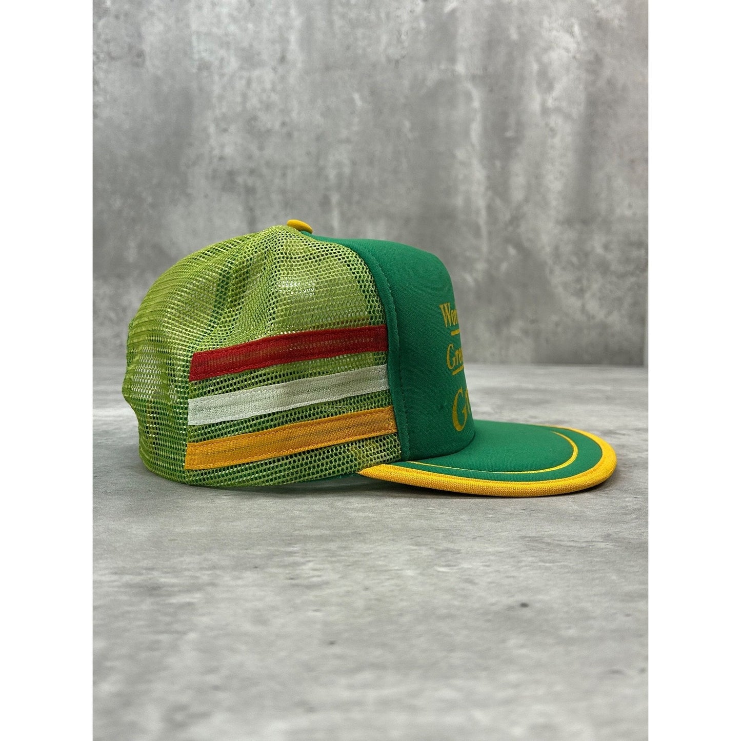 Vintage 80s Worlds Greatest Grandpa Three Stripe Trucker Snapback Hat OSFA