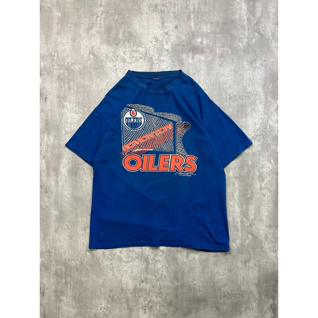 Vintage 1990 Edmonton Oilers NHL Starter Spellout Logo Graphic T-Shirt Size XL