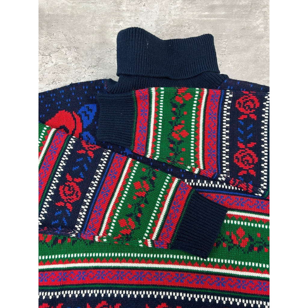 Vintage 90s Rose Striped Print Pullover Turtle Neck Knit Sweater Size Large