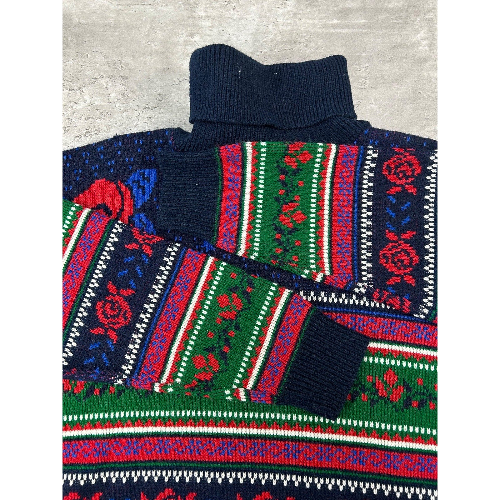 Vintage 90s Rose Striped Print Pullover Turtle Neck Knit Sweater Size Large