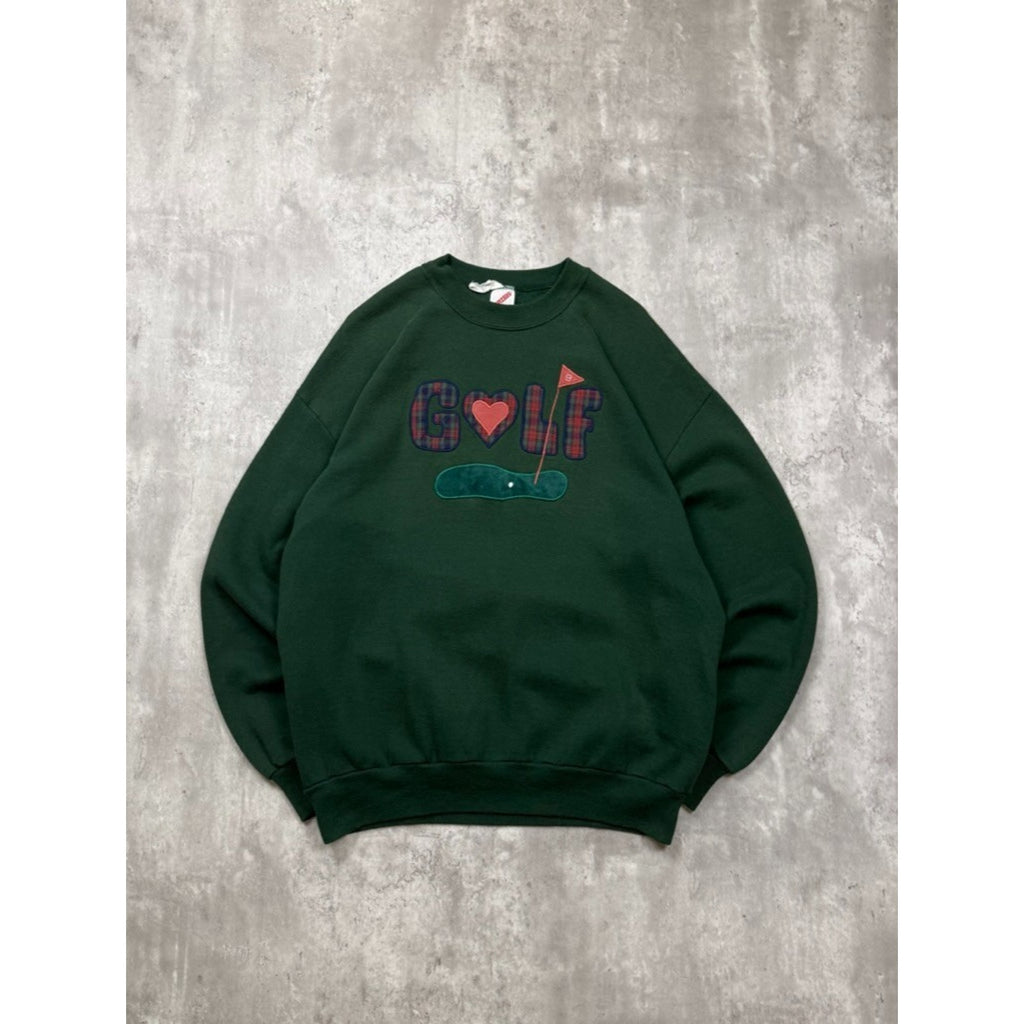 Vintage 90s Golf Embroidered Plaid Spellout Graphic Green Sweatshirt Size XL