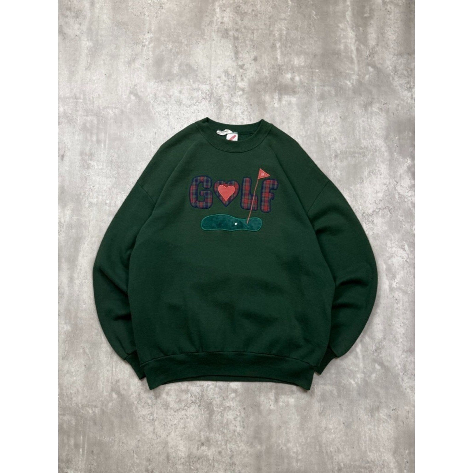 Vintage 90s Golf Embroidered Plaid Spellout Graphic Green Sweatshirt Size XL