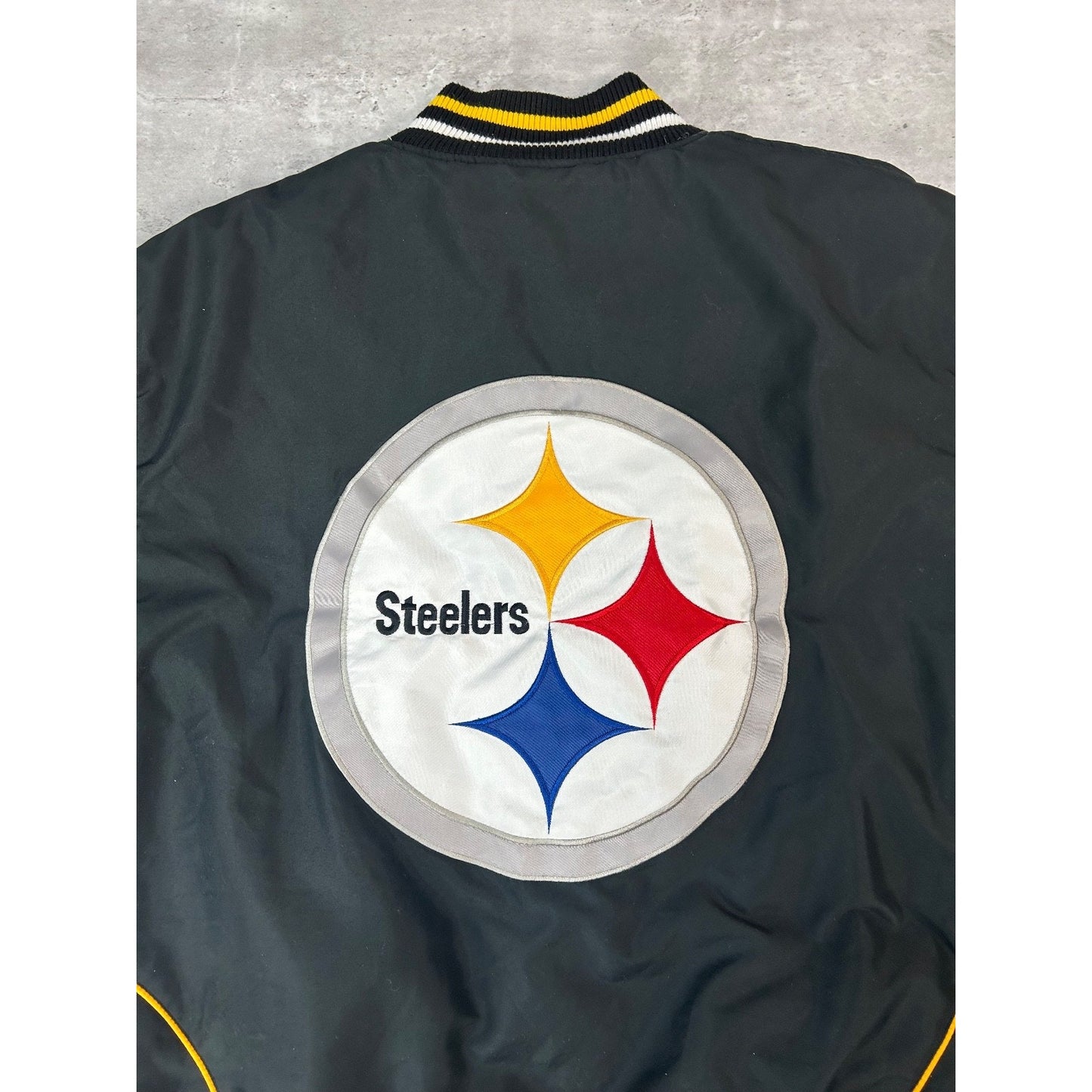 Vintage Pittsburgh Steelers NFL Spellout Reversible Bomber Jacket Size Large