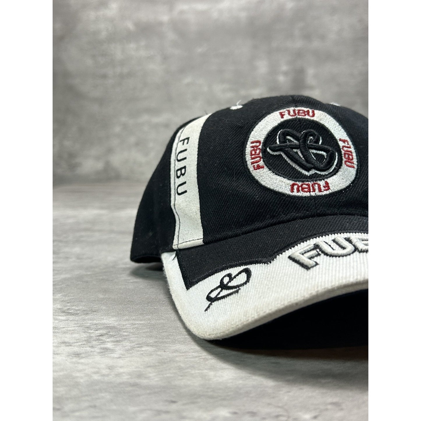 Vintage Y2K Fubu Embroidered Spellout Two Tone Strapback Hat OSFA Black/White