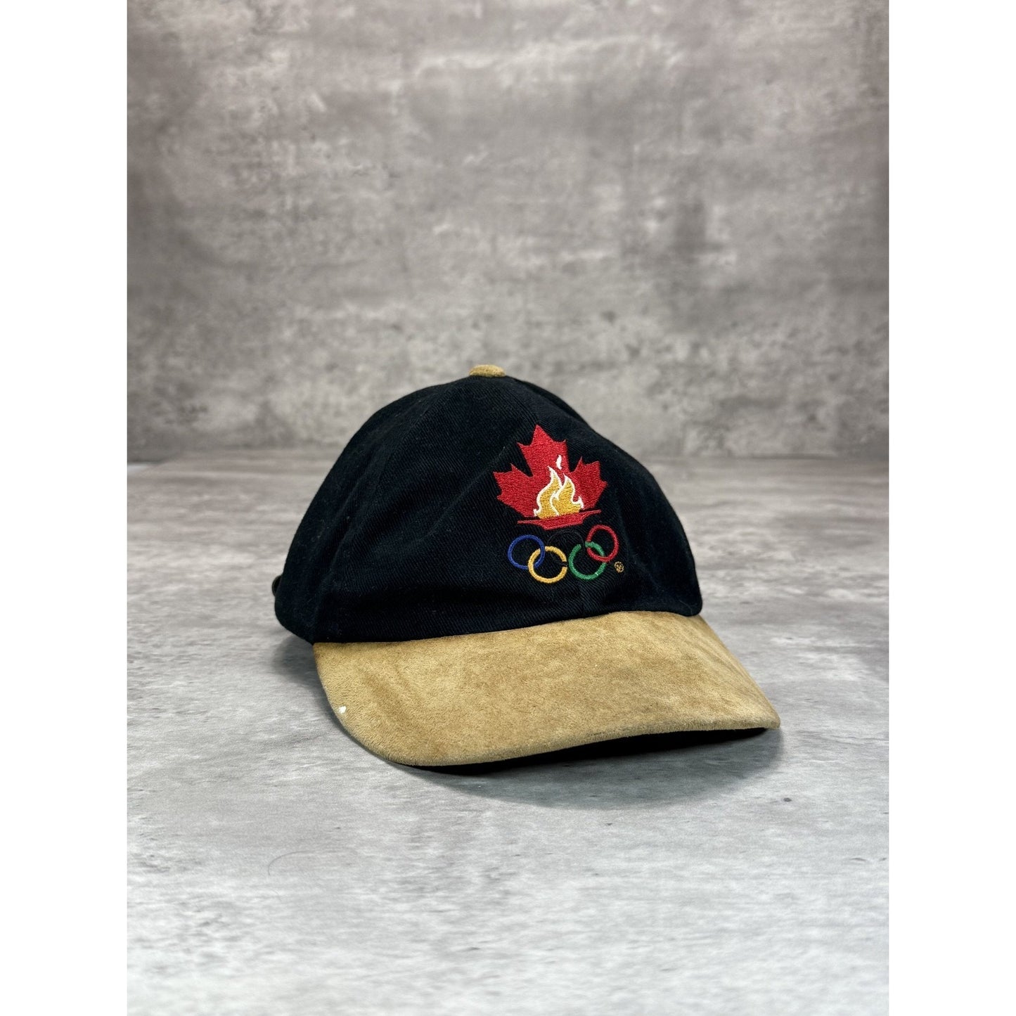Vintage 90s Canada Olympics Embroidered Rings Logo Strapback Hat OSFA Black