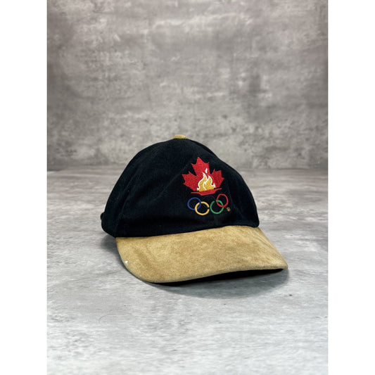 Vintage 90s Canada Olympics Embroidered Rings Logo Strapback Hat OSFA Black
