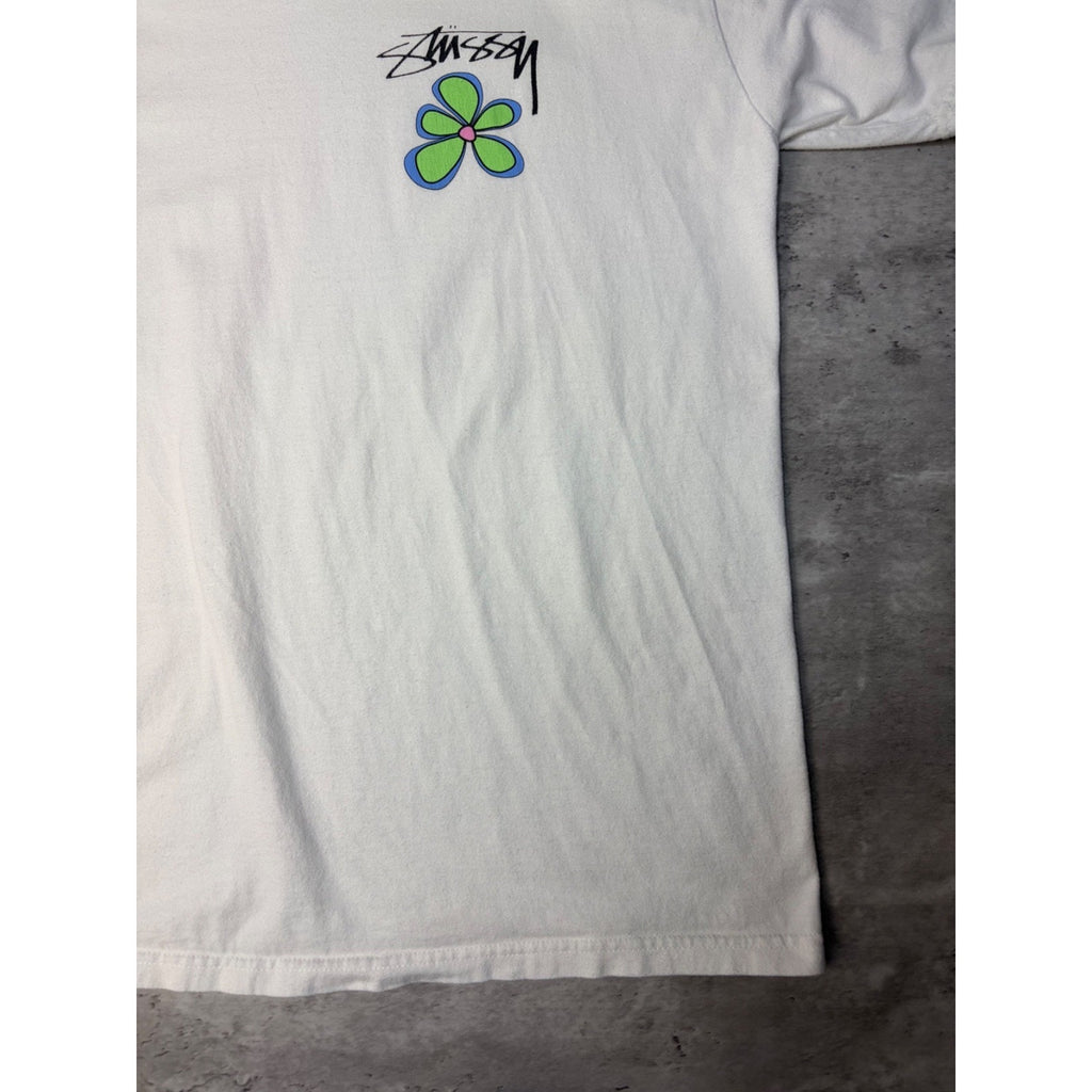 Stussy Spellout Flower Graphic White T-Shirt Size Large