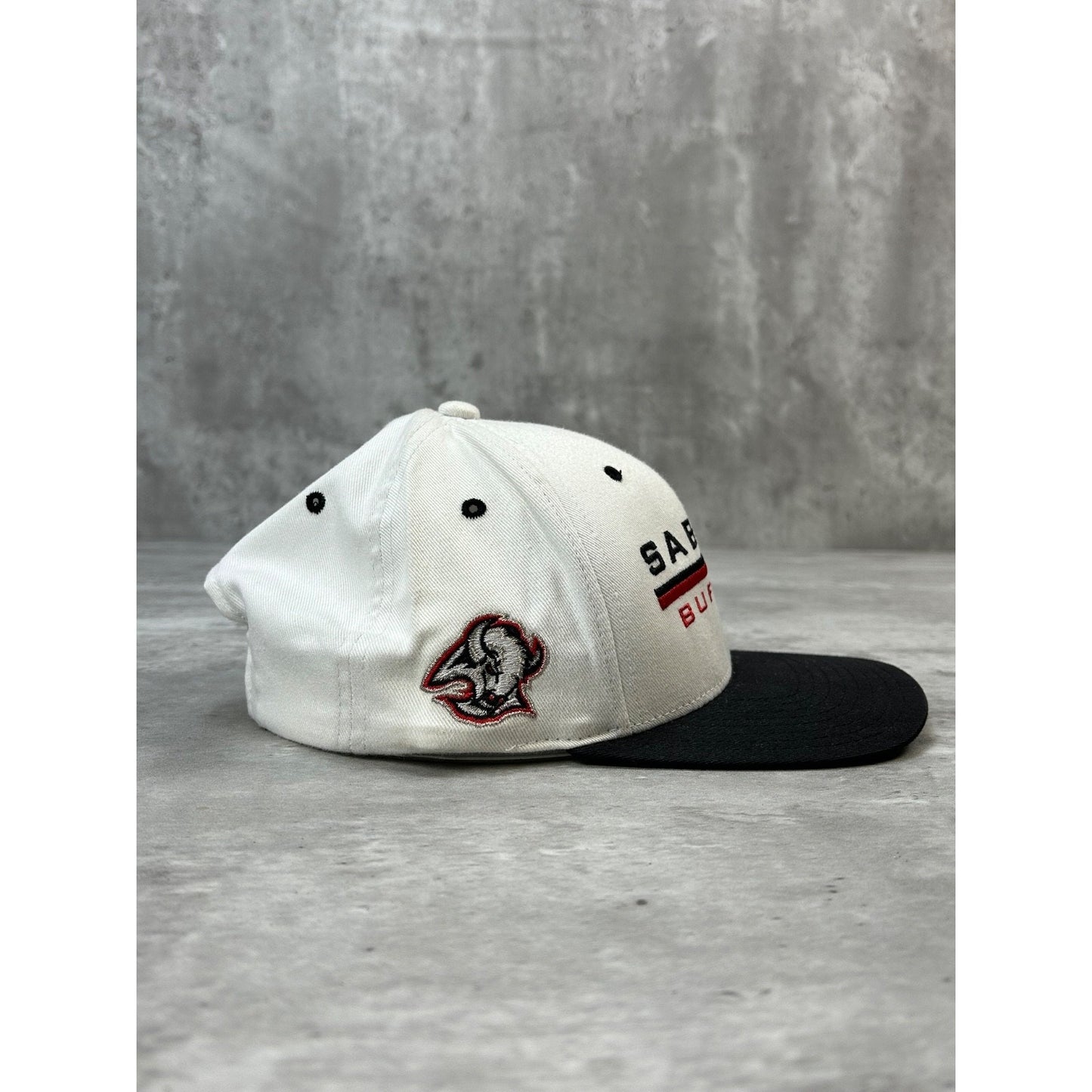 Vintage 90s Buffalo Sabres NHL Embroidered Goat Head Spellout Snapback Hat OSFA