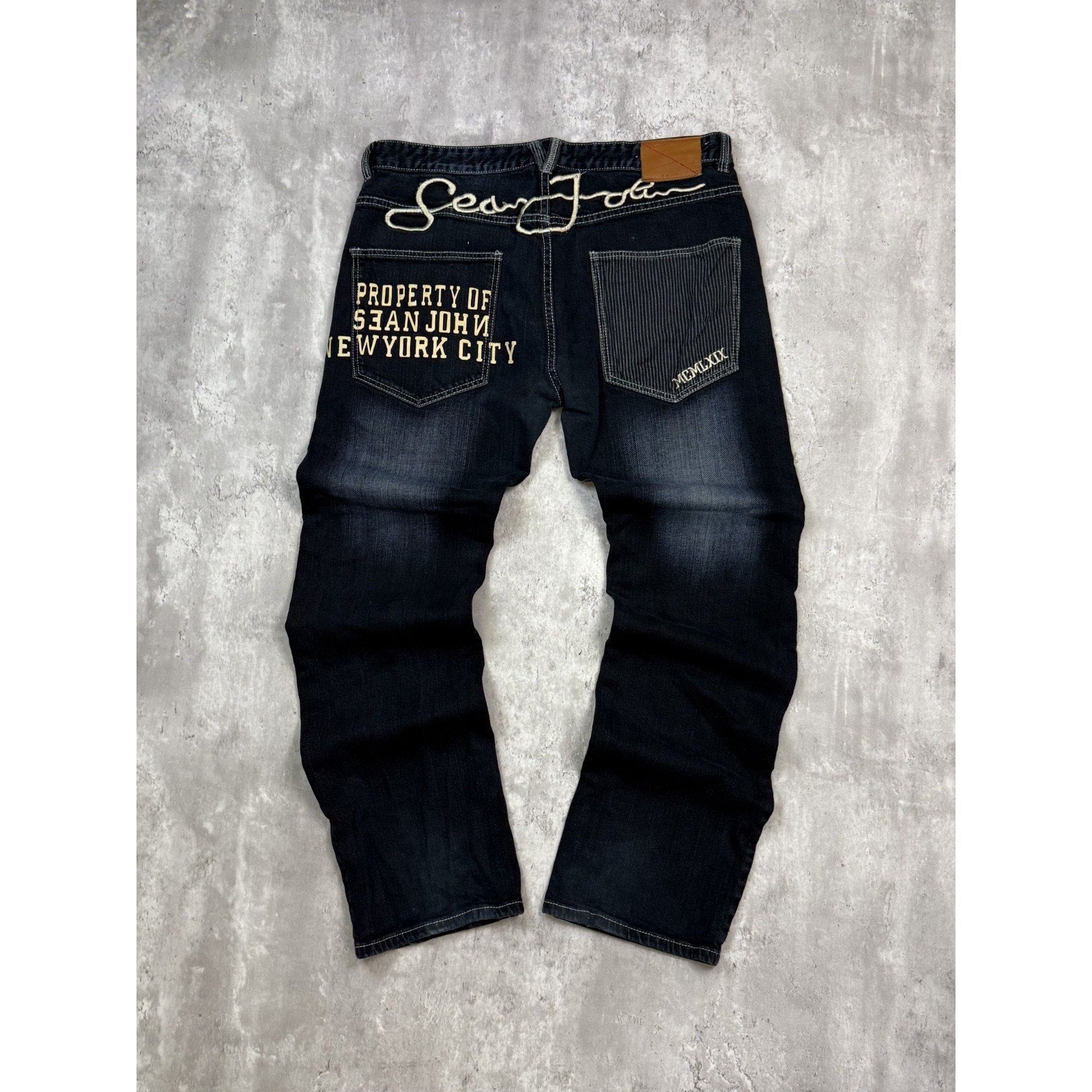 Vintage Y2K Sean Jean Dark Wash Embroidered Spellout Denim Pants Size 38