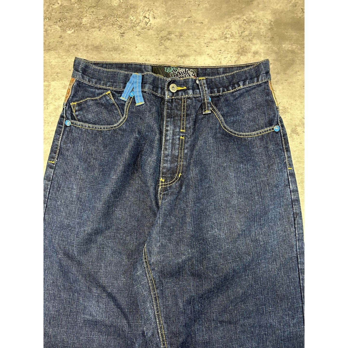 Vintage Y2K Southpole Baggy Fit Embroidered Dark Wash Denim Pants Size 33