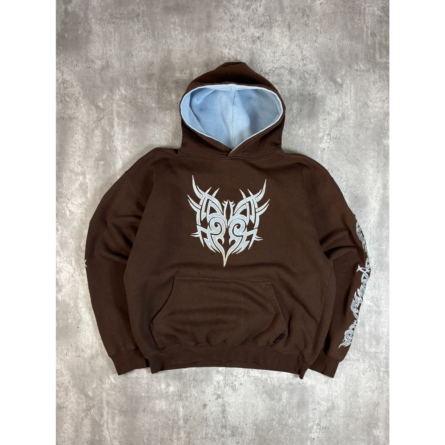 Vintage Y2K Two Tone Tribal Print Pullover Hooded Sweatshirt Size XL Brown/Blue