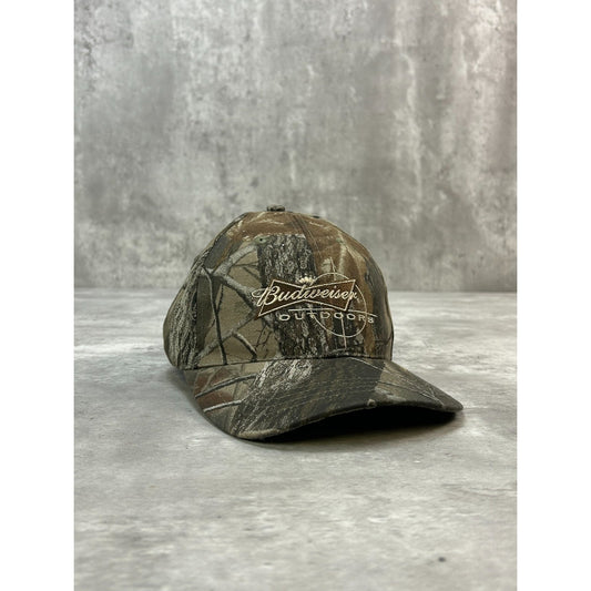 Vintage Budweiser Outdoors Embroidered Tree Camo Hunting Strapback Hat OSFA