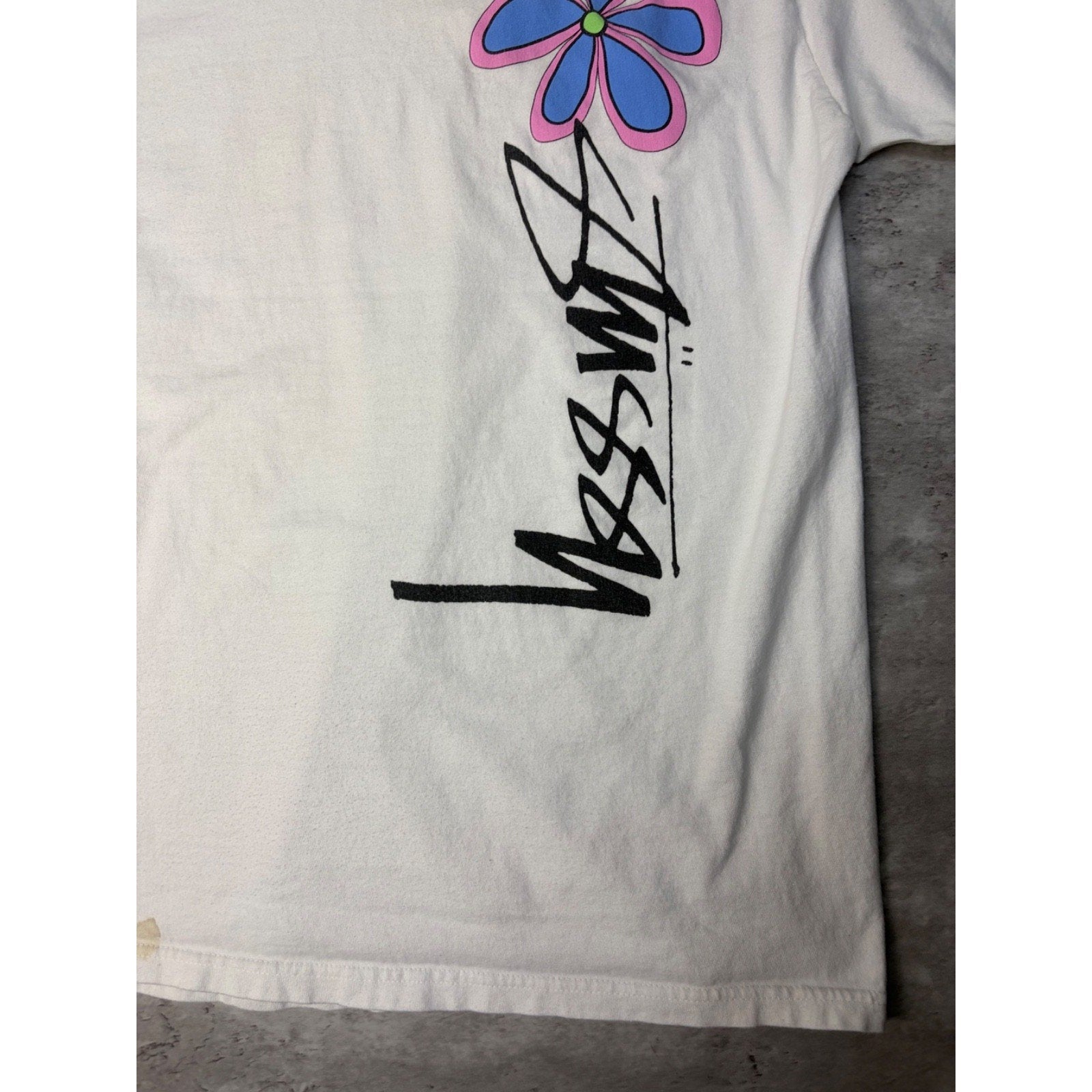 Stussy Spellout Flower Graphic White T-Shirt Size Large