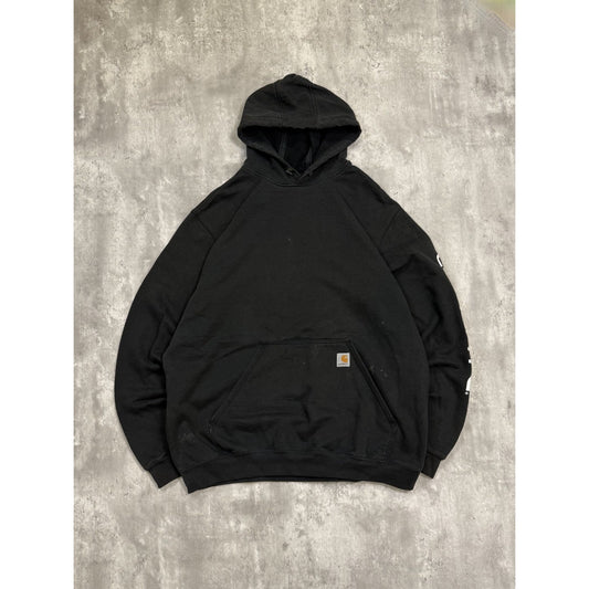 Vintage Carhartt Sleeve Spellout Workwear Hooded Sweatshirt Size XLT Black