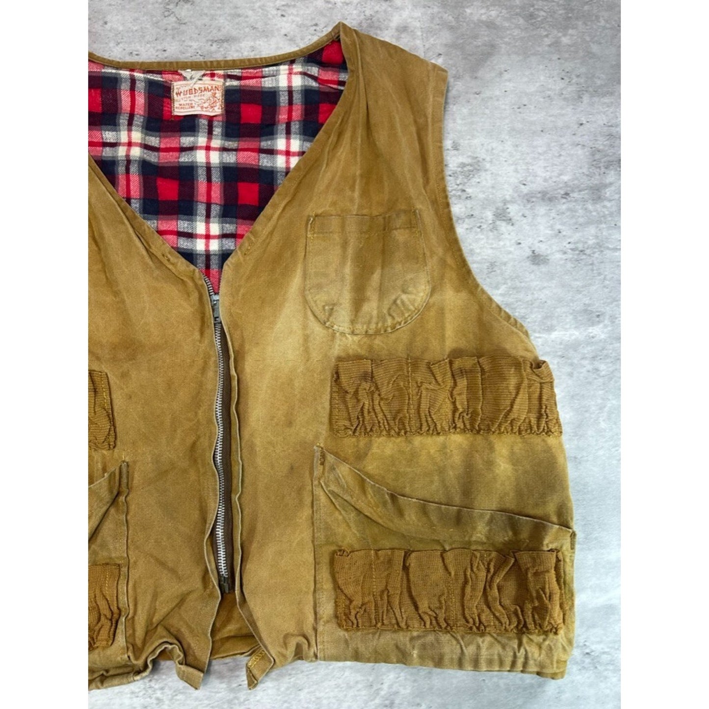 Vintage 1950s Woodsman Canvas 1/2 Plaid Lined Hunting Vest Size Large
