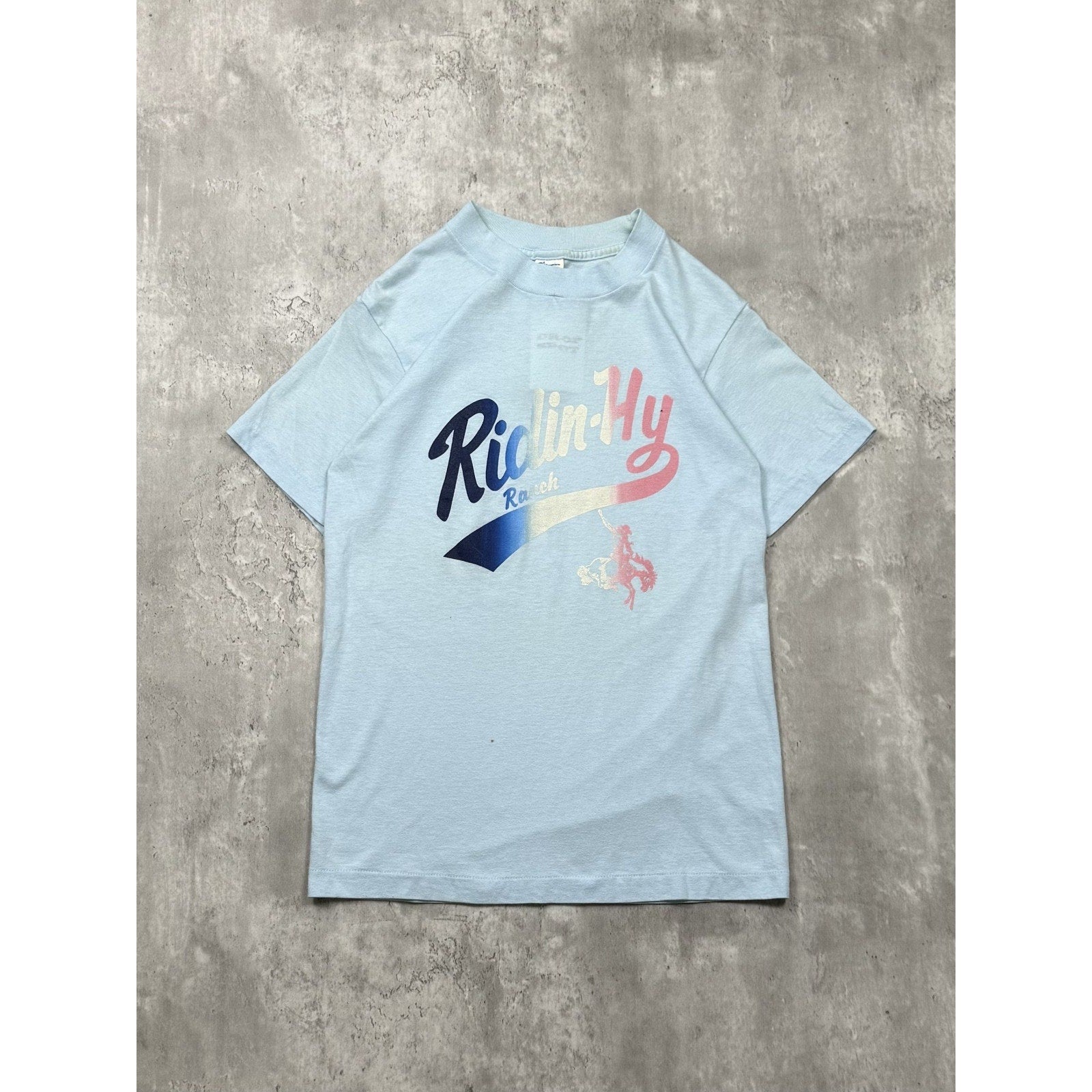 Vintage 80s Ridin-Hy Ranch Gradient Script Spellout T-Shirt Size Small