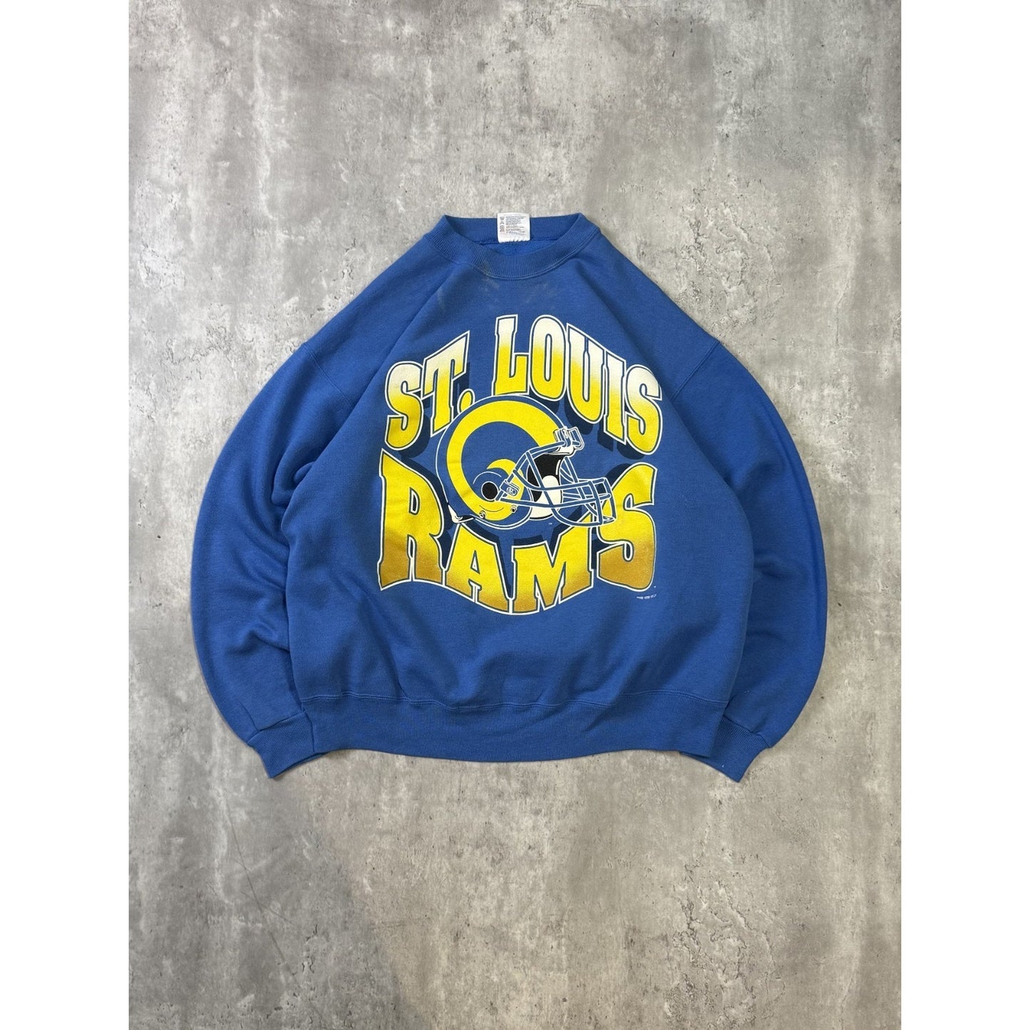 Vintage 1995 St Louis Rams NFL Big Graphic Helmet Spellout Sweatshirt Size XL