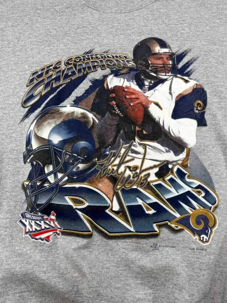 Vtg 2002 Kurt Warner #13 St. Louis Rams NFL Player Graphic Sweatshirt Size XL