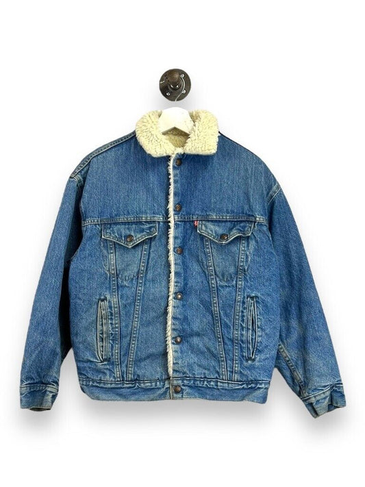 Vintage 80s Levis Sherpa Lined Medium Wash Denim Trucker Jacket Size Large Blue