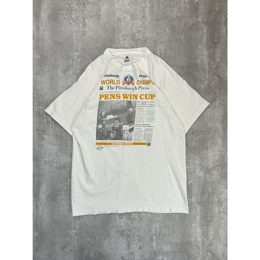 Vintage 1991 Pittsburgh Penguins NHL Newspaper Cup Graphic T-Shirt Size XL