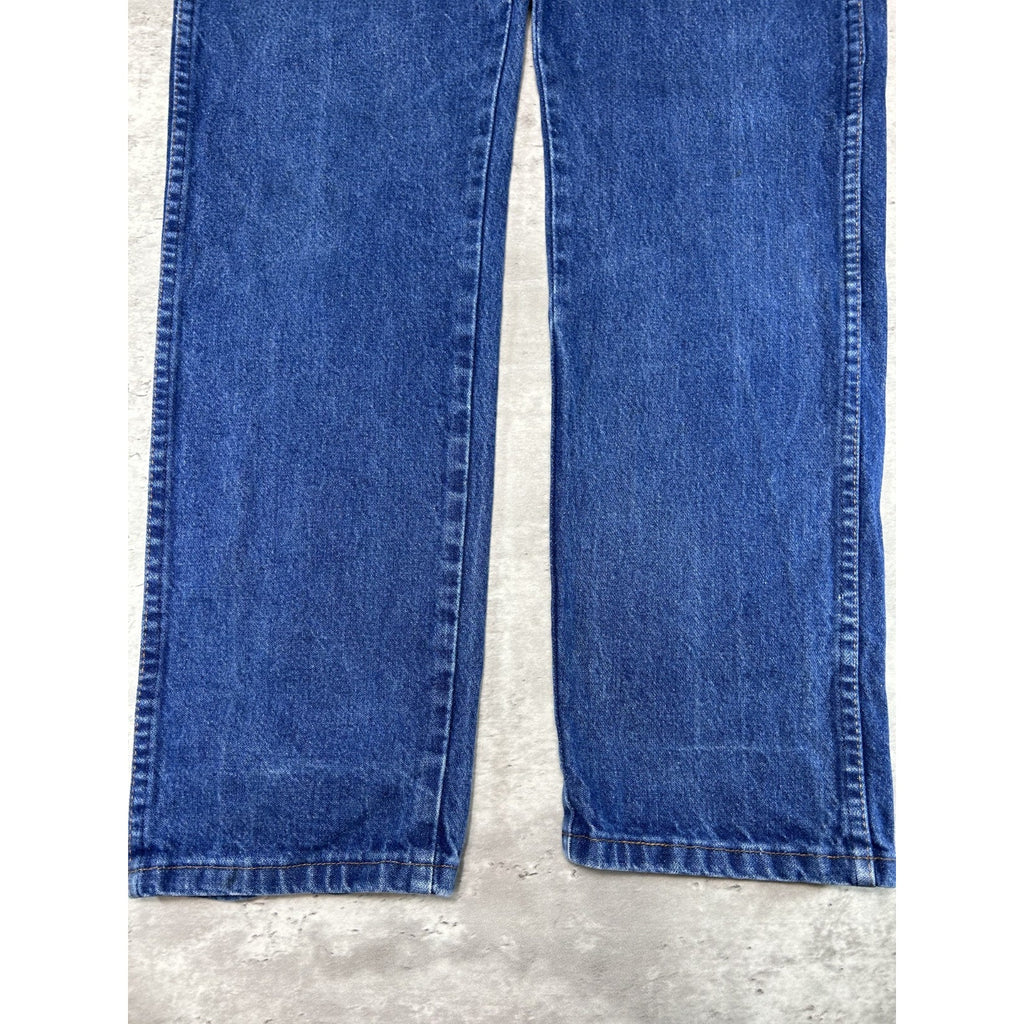 Vintage 90s Wrangler Leather Patch Dark Wash Denim Pants Size 29 Blue