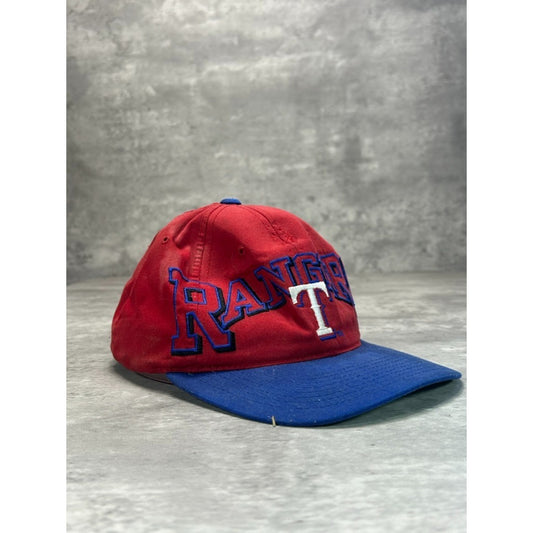 Vintage 90s Texas Rangers MLB Embroidered Arc Spellout Snapback Hat OSFA