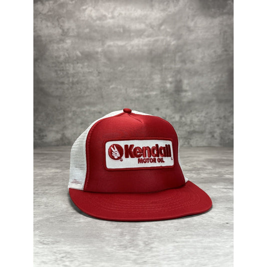 Vintage 1980s Kendall Motor Oil Embroidered Patch Trucker Snapback Hat OSFA Red
