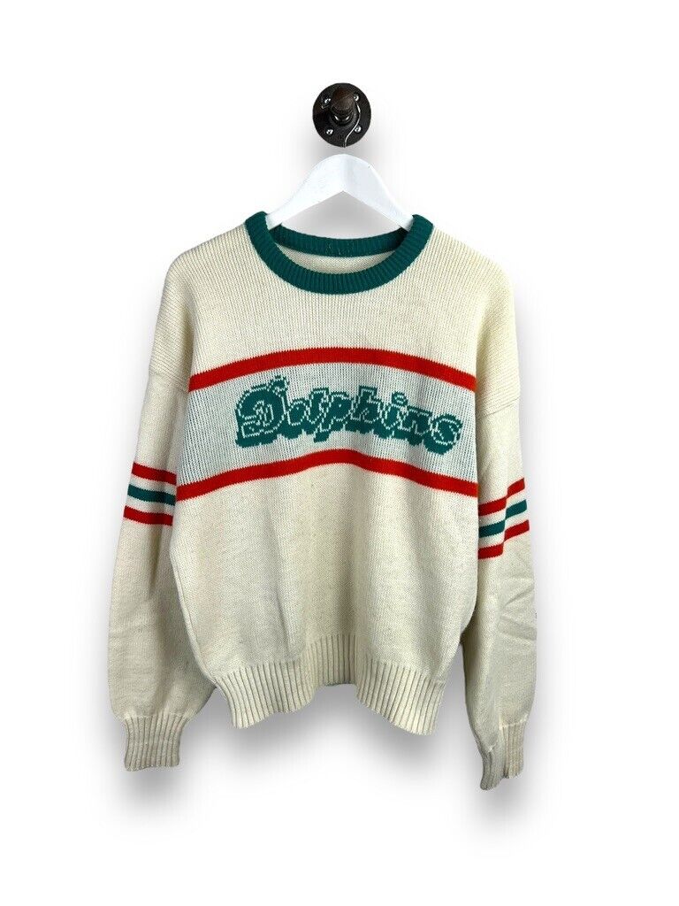 Vintage 90s Miami Dolphins NFL Cliff Engle Script Spellout Sweater Size Large