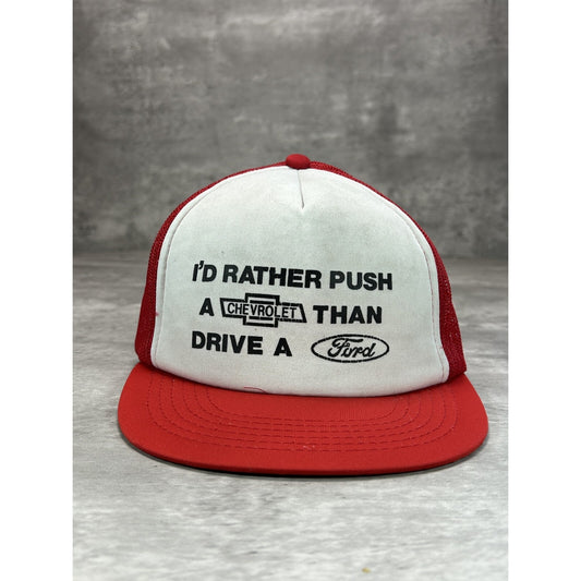 Vintage 80s Id Rather Push A Chevy Than Drive A Ford Trucker Snapback Hat OSFA