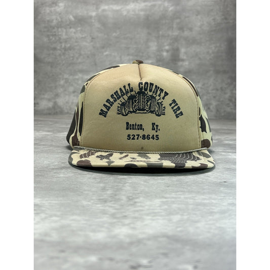 Vintage 80s Marshall County Tire Duck Camo Graphic Snapback Hat OSFA Beige