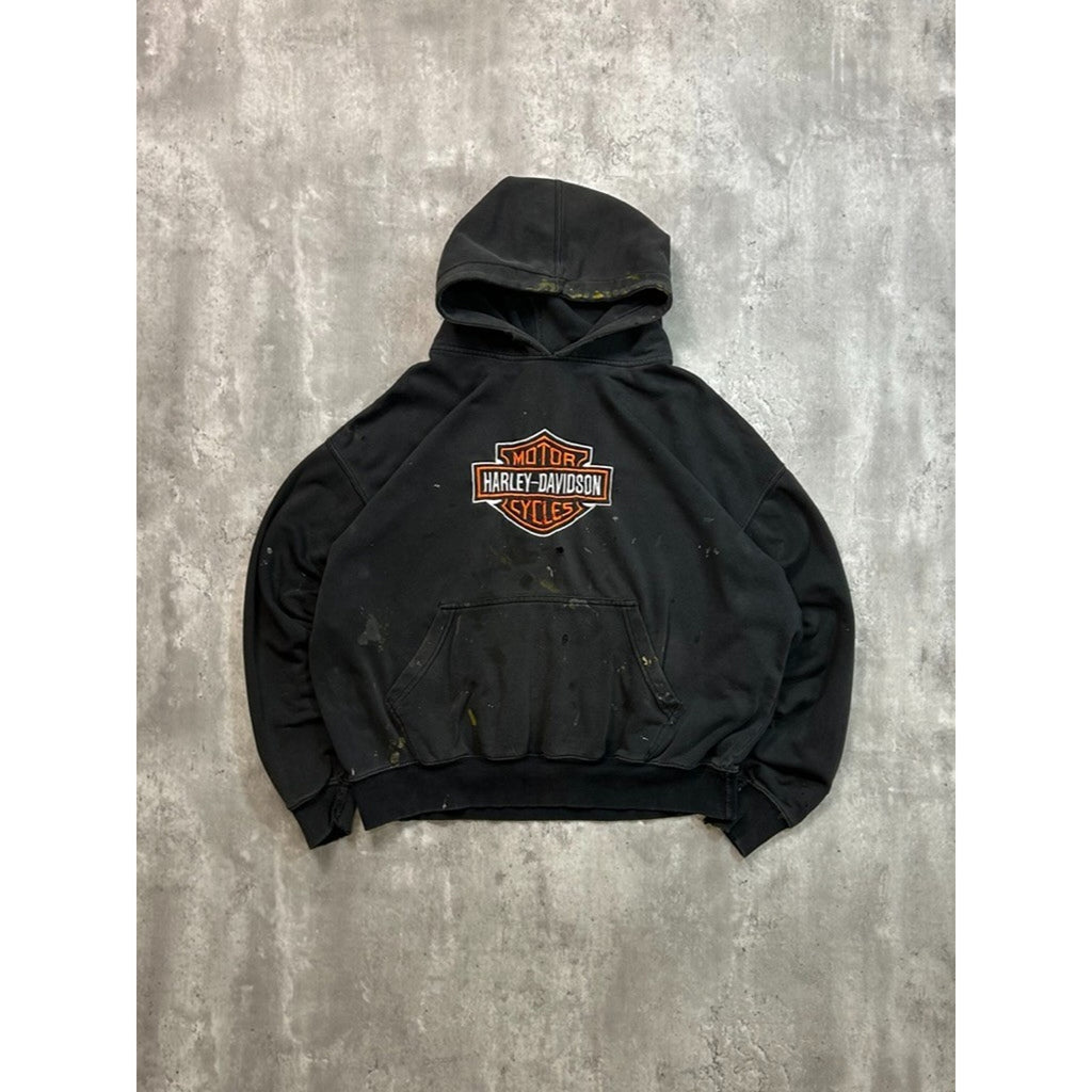 Vintage Harley Davidson Distressed Embroidered Logo Hooded Sweatshirt Size Large