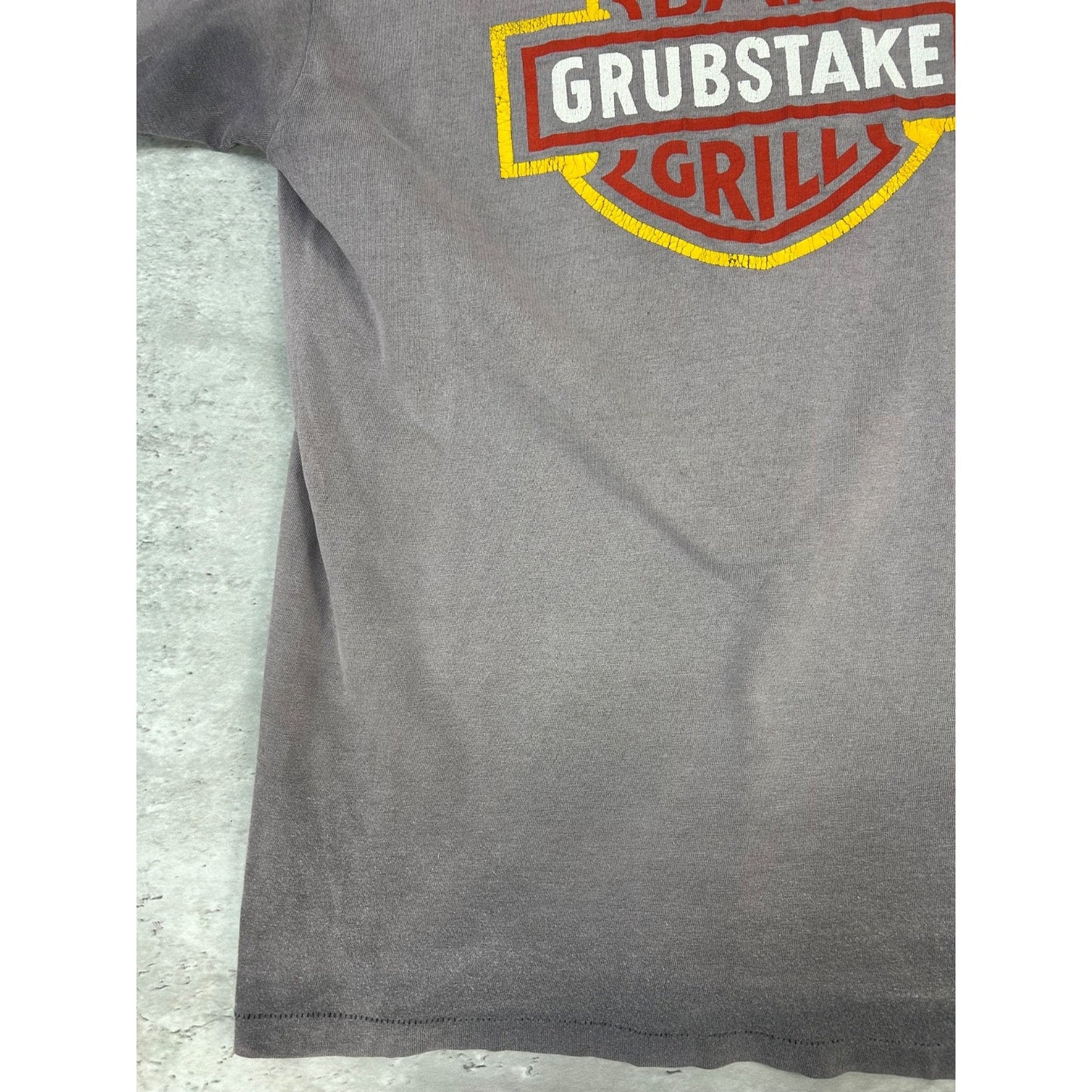 Vintage 90s Grubstake Bar & Grill Harley Parody Graphic T-Shirt Size Large Black