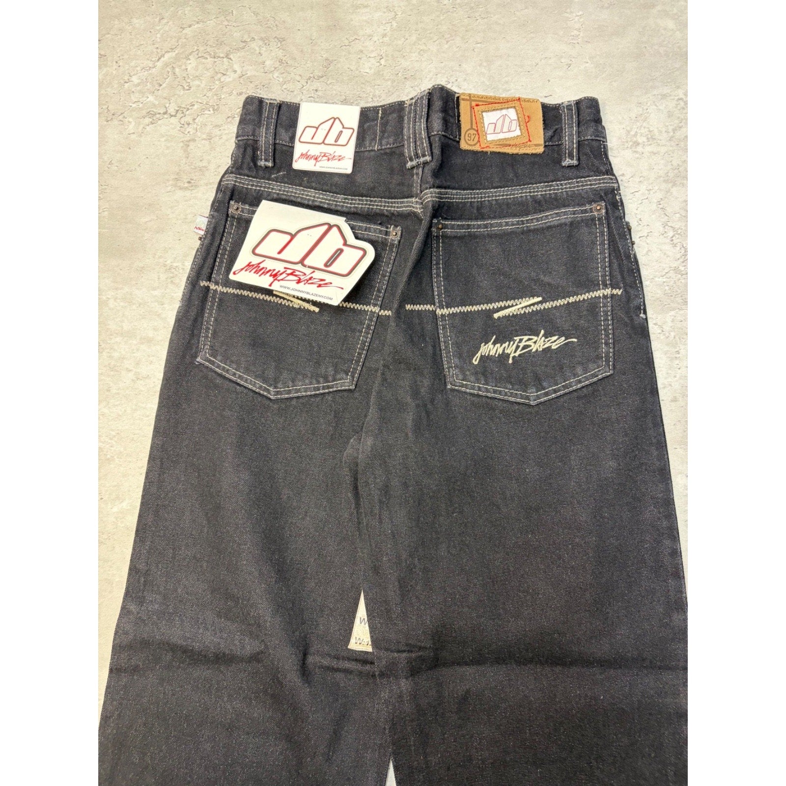 Vintage Y2K Womens Johnny Blaze Embroidered Script Black Wash Denim Pants