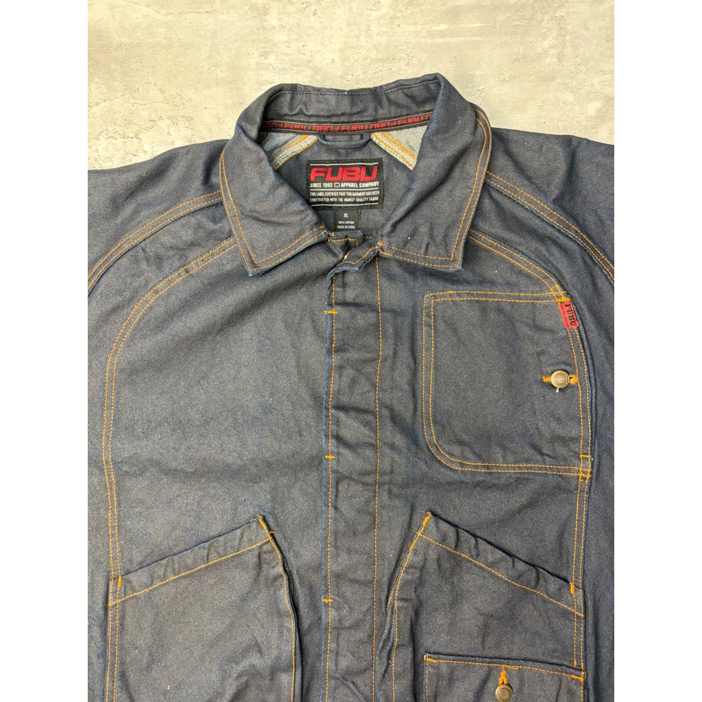 Vintage Y2K Fubu Contrast Embroidery Dark Wash Waxed Denim Jacket Size XL