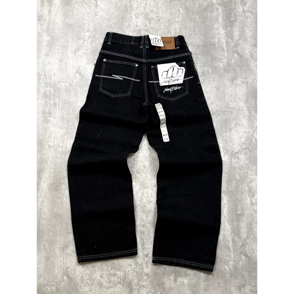 Vintage Y2K Womens Johnny Blaze Embroidered Script Black Wash Denim Pants