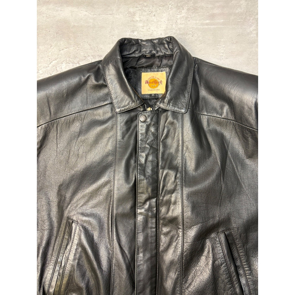 Vintage Hard Rock Cafe Embossed Sleeve Logo Leather Bomber Jacket Size Small