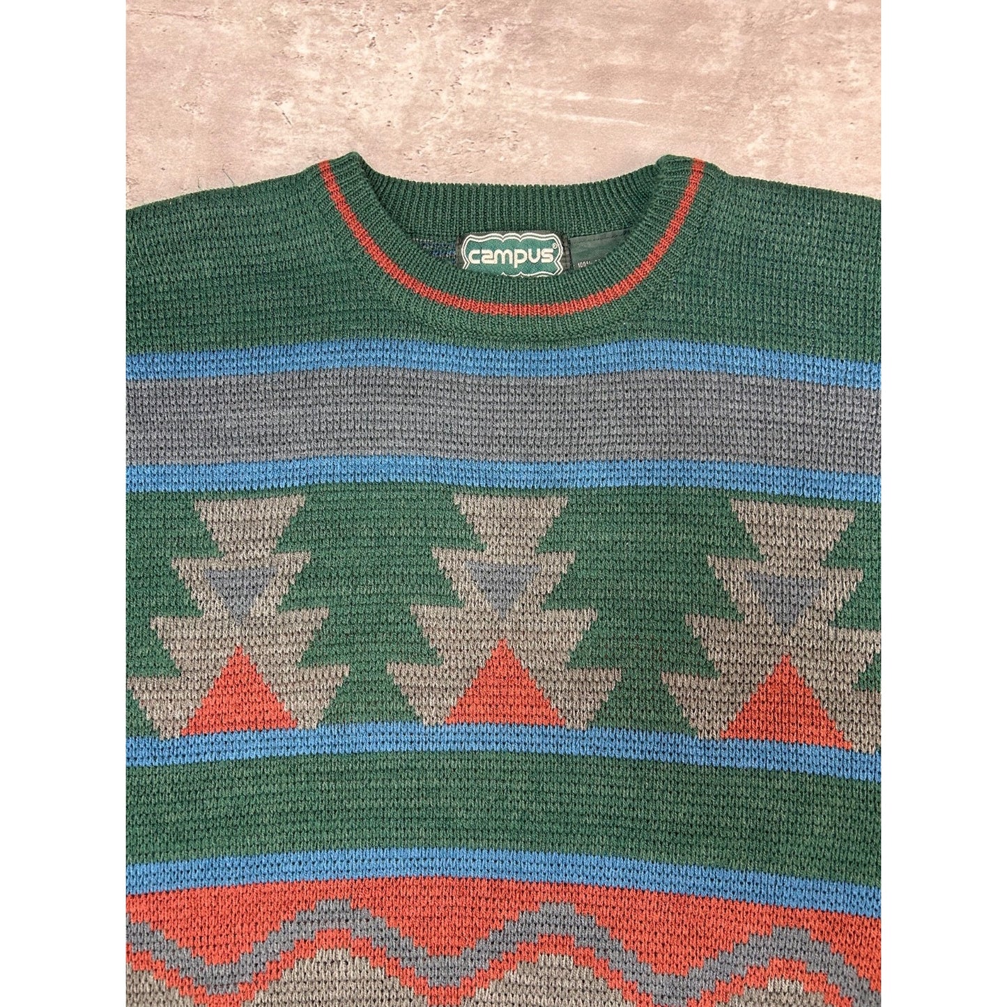 Vintage Campus Geometric Pattern Knit Sweater Size Large Green