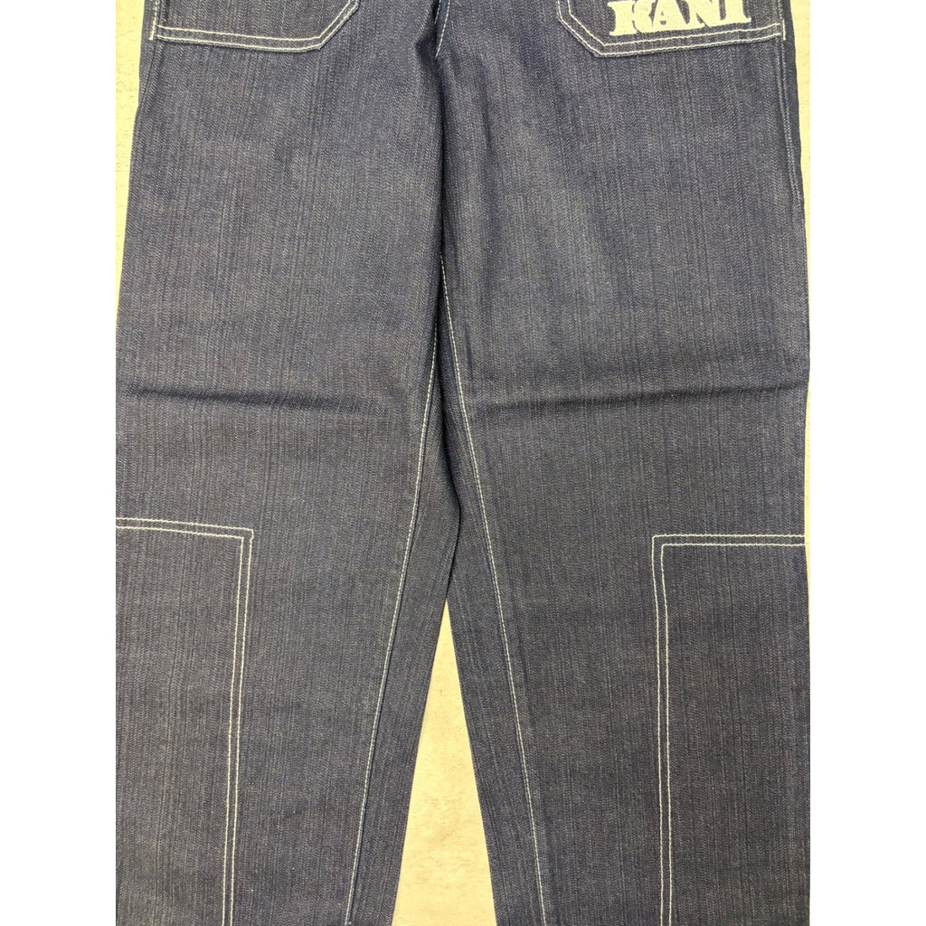 Vintage Y2K Womens Kani Contrast Stitched Spellout Dark Wash Denim Pants