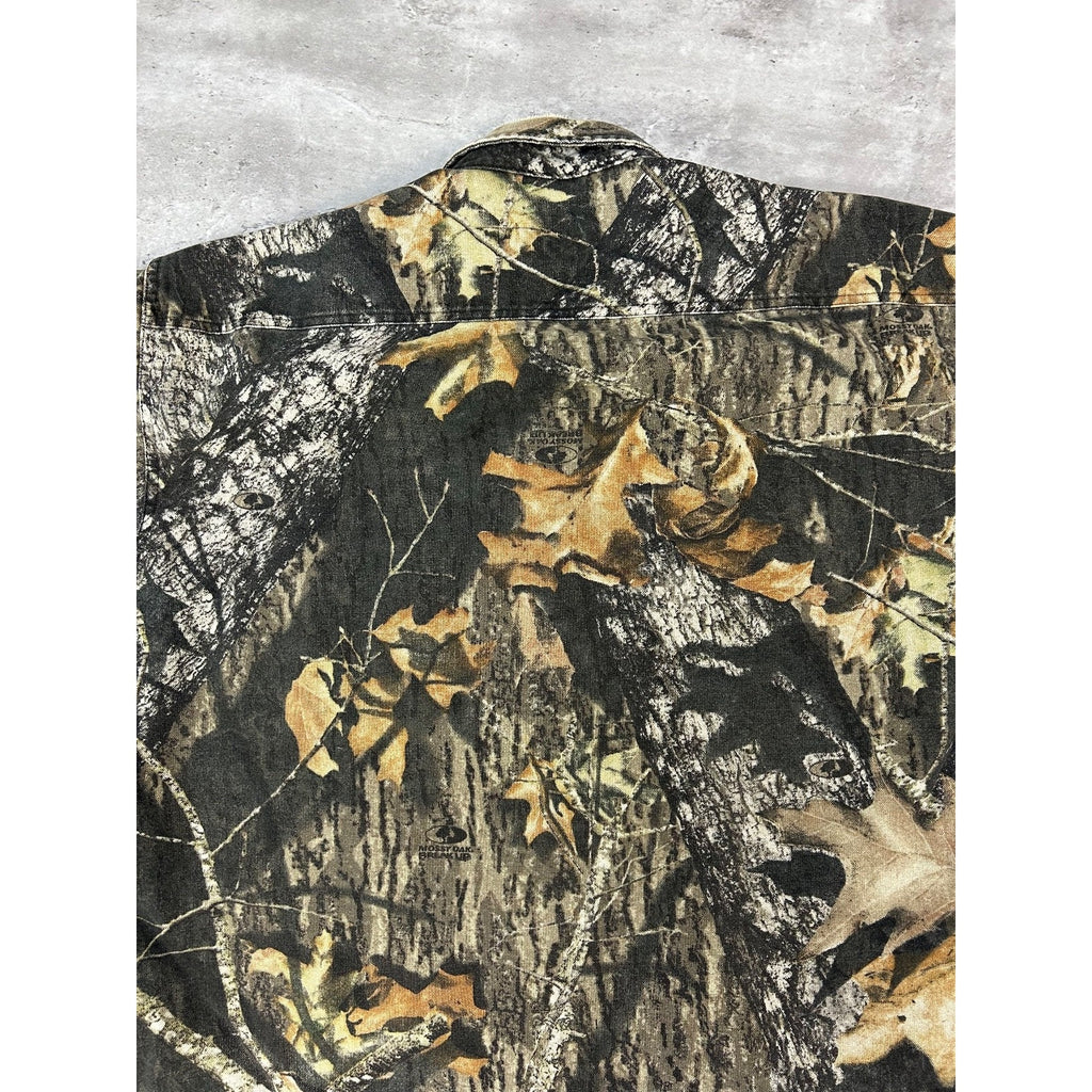 Vintage Cabelas Mossy Oak Tree Camo Hunting Long Sleeve Button Up Shirt LT