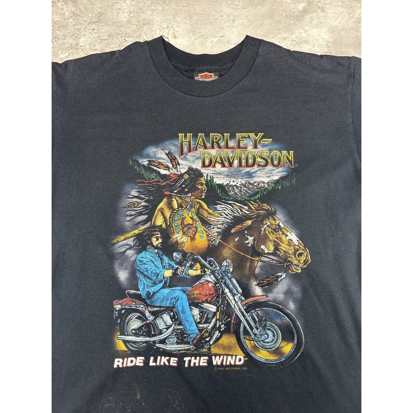 Vintage 1991 Harley Davidson Ride Like The Wind Motorcycle Graphic T-Shirt Large